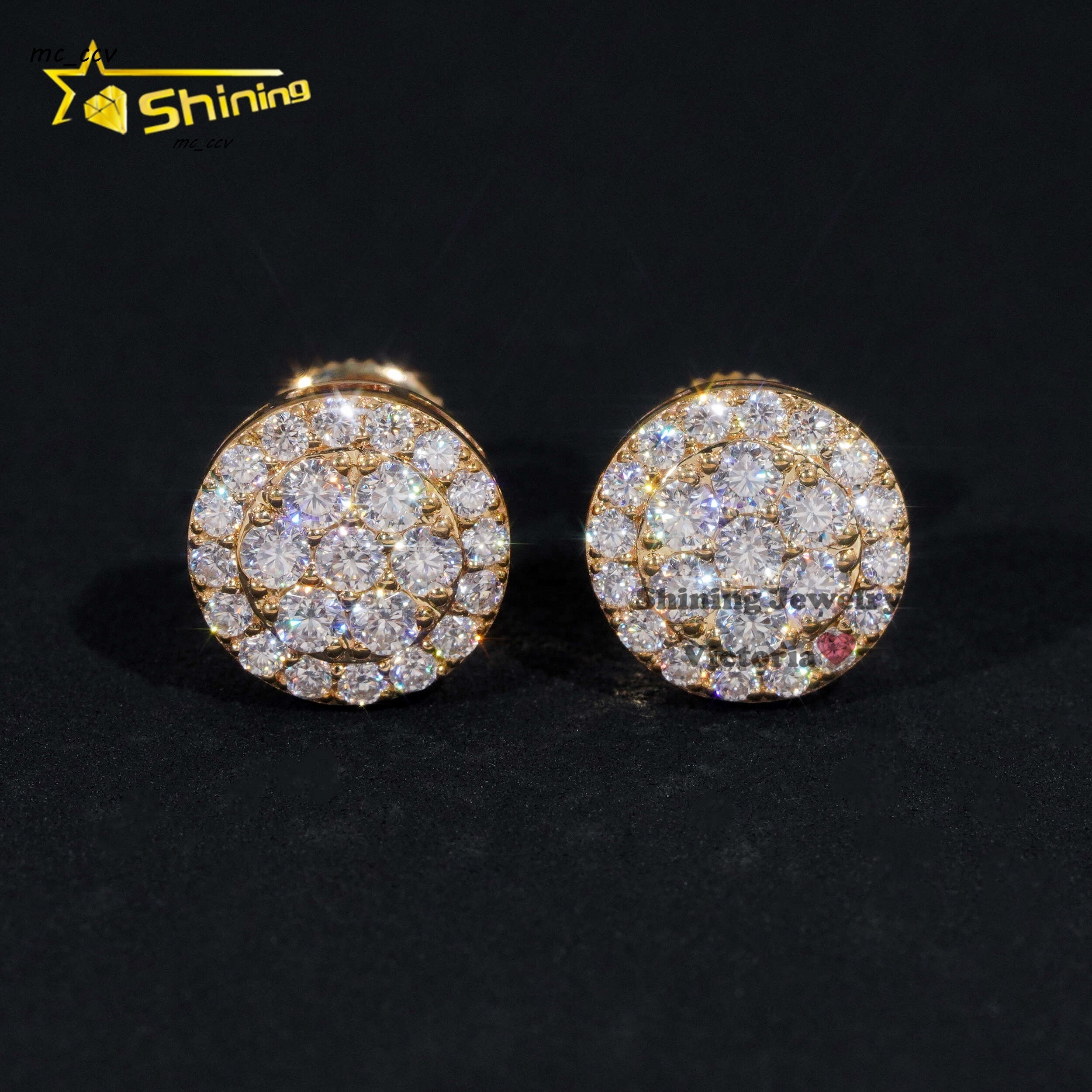 New Arrival Hip Hop Cluster Diamond 10MM Round Shape Screw Back 10K Real Gold Moissanite Stud Earrings