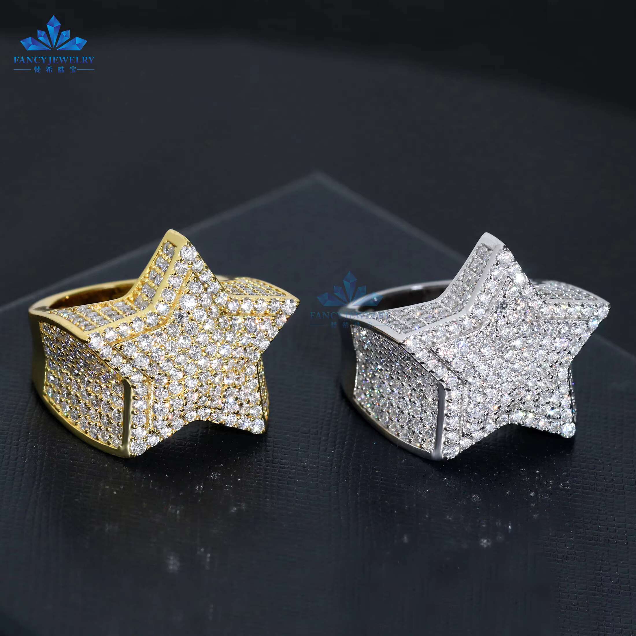 D VVS Moissanite Fine Jewelry Ring High Quality 925 Sterling Silver Five Point Star Pave Diamond Hip Hop Ring for Men