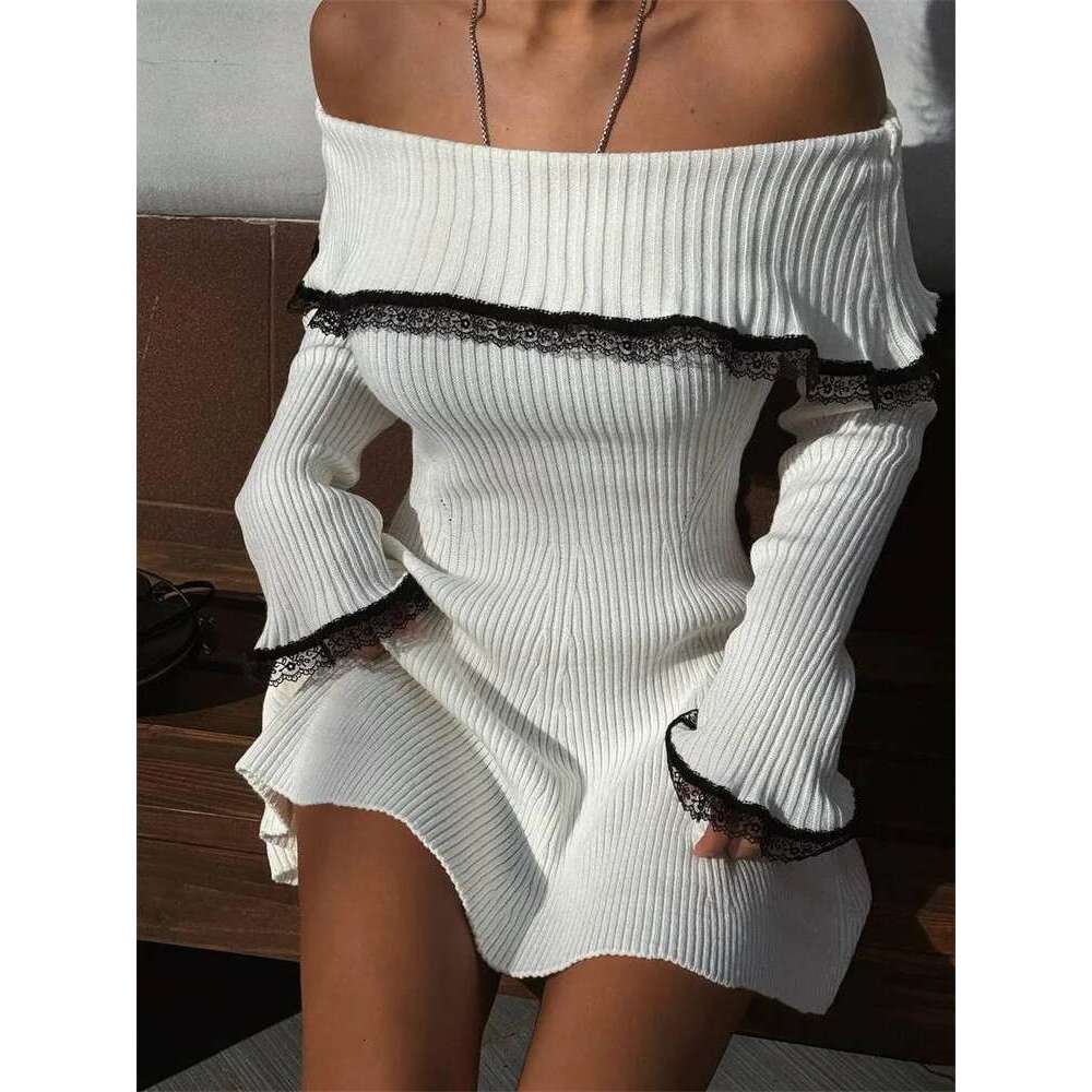 Knit Off-Shoulder Sweater Women's Lace Patchwork Ribbed Slim Backless Elegant Party Knitwear Mini Dress