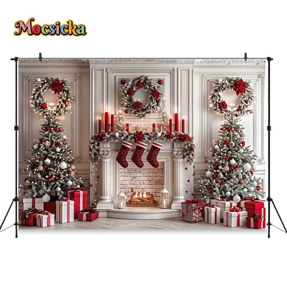 White Fireplace Photography Backdrop Christmas Red Garland Xmas Tree Candles Background Winter Retro Room Family Photo StudioM251125