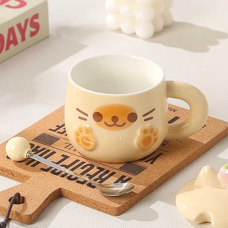 Cartoon Ceramic Cup Sets Gift Box 380ml New Household Cute Cat Heatproof Relief Mugs with Lid Scoop Exquisite Gift to Friends Y251125
