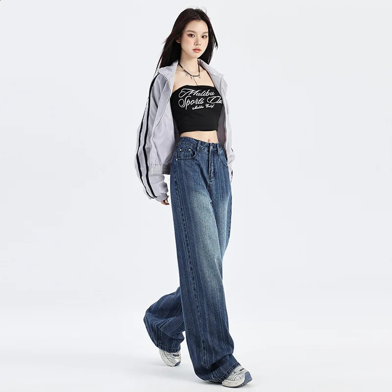 Wxw2847 SpringSummer Retro Long Denim Jeans Loose Wide Leg Mid Waist Boyfriend 250417