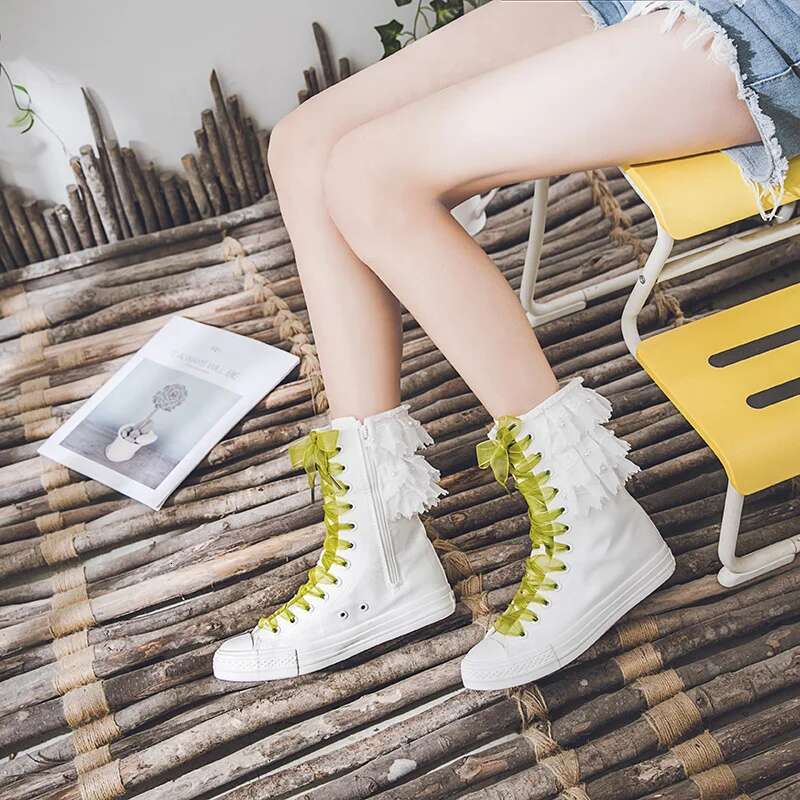 Spring medium-sized lace pearl color ribbon lace-up side zipper canvas shoes casual flat inner heightening large size women shoe