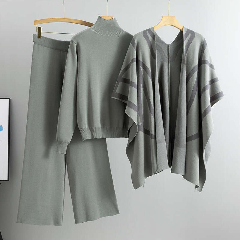Casual Suit Womens Autumn and Winter New Temperament Socialite Lazy Style Knitted Sweater Shawl Cape Wide Leg Pants Three Piece Set Solid Popular New 