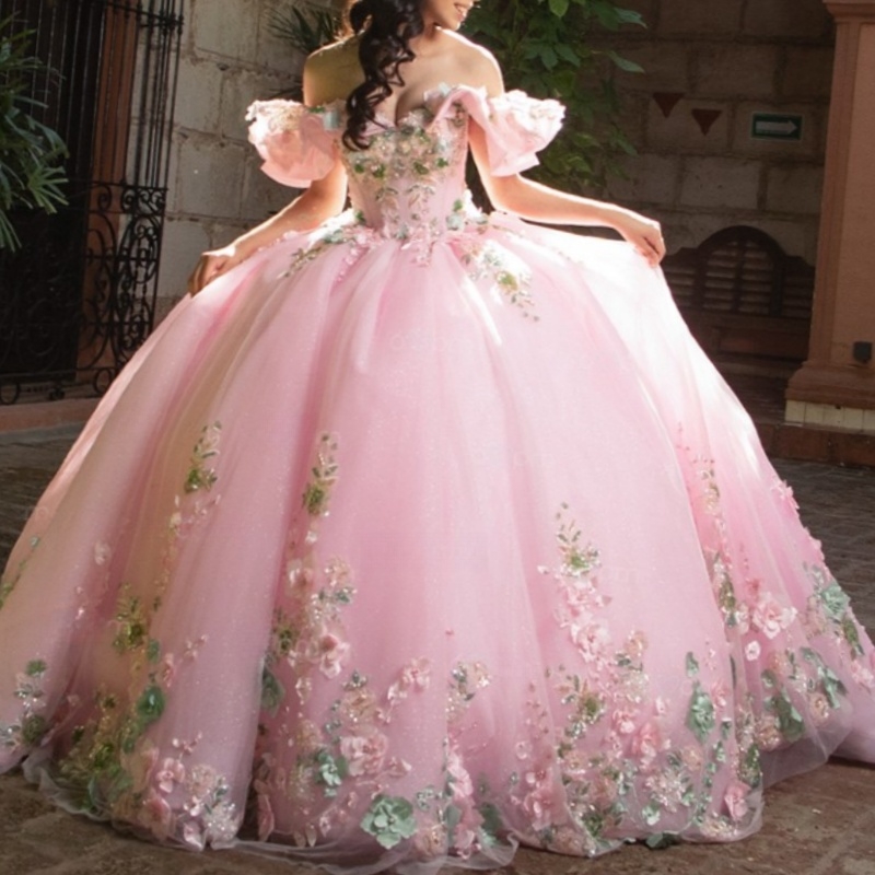 Pink Shiny Princess Quinceanera Dresses Off Shoulder Applique Flower Beads Tull Sweet 16 Dress Ball Gown Vestidos 15 De Anos