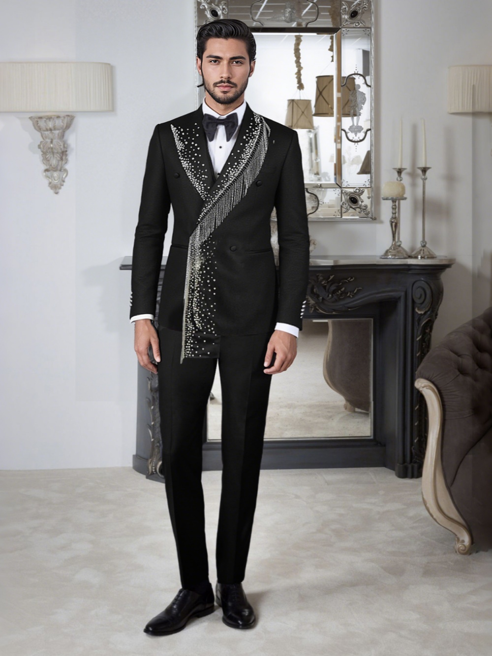 Handsome Black Wedding Tuxedos 1 Piece Set Jacket Tassel Beaded Men Suit Peaked Lapel Customized Groom Wear Party Suits