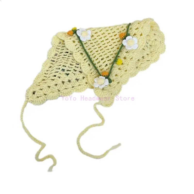 Handmade Knitted Hair Scarf Flower Pattern Headwear Outdoor Girl Kerchiefs P00E 250423