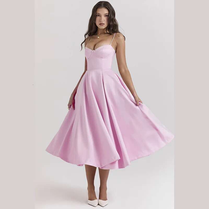 Dongdumaoyi Townlike Strapless Elegant A Line Midi Long Dress Women Spaghetti Strap Spring Summer Backless Sexy Party Dresses