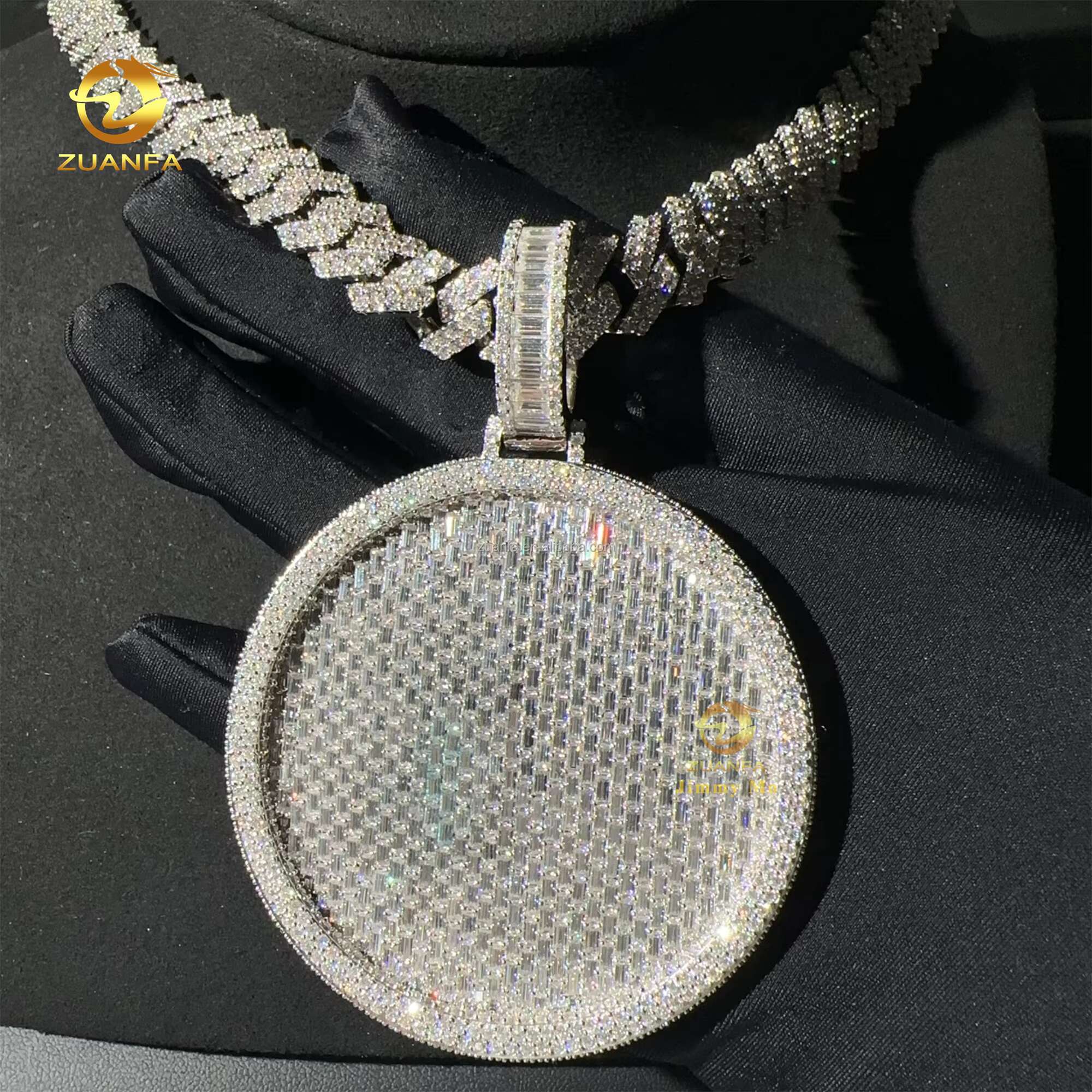 Customized Iced Out 3D Fully Iced Out Jewelry Prong Setting FL Moissanite Diamond Round Circle Pendant Miami Cuban Link Set Man