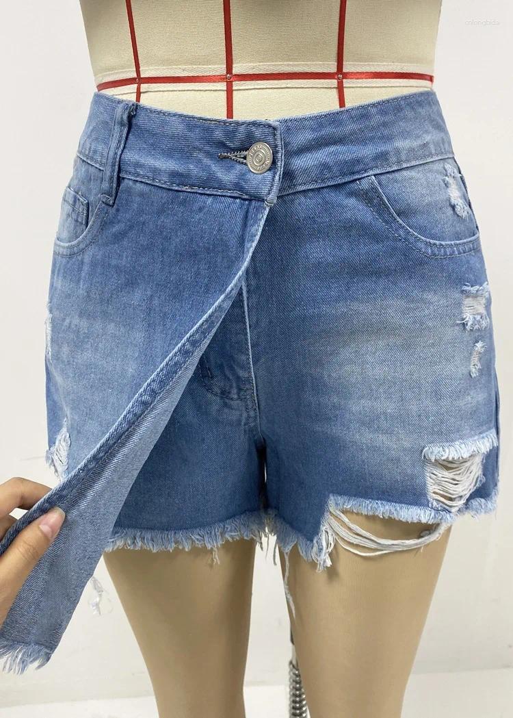 CNLONGBIDA Women's Shorts Jean Women Streetwear 2025 Summer Fashionable And Versatile Casual Temperament Ripped Light Blue Denim Half Pants
