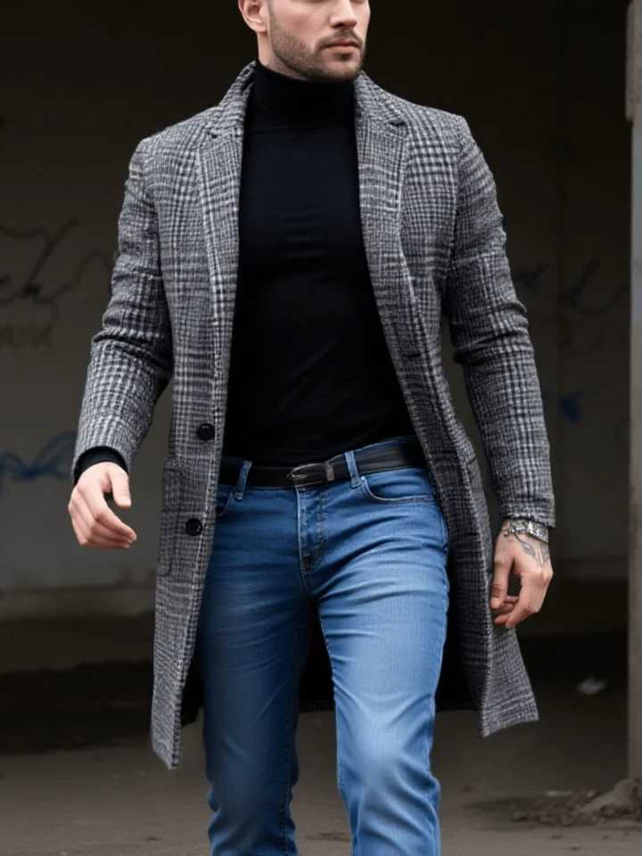 New Arrival Mens Checkered Wool Overcoat Single Breasted Thickened With Lining EU Sizes Winter Commuting Outdoor StyleT251125