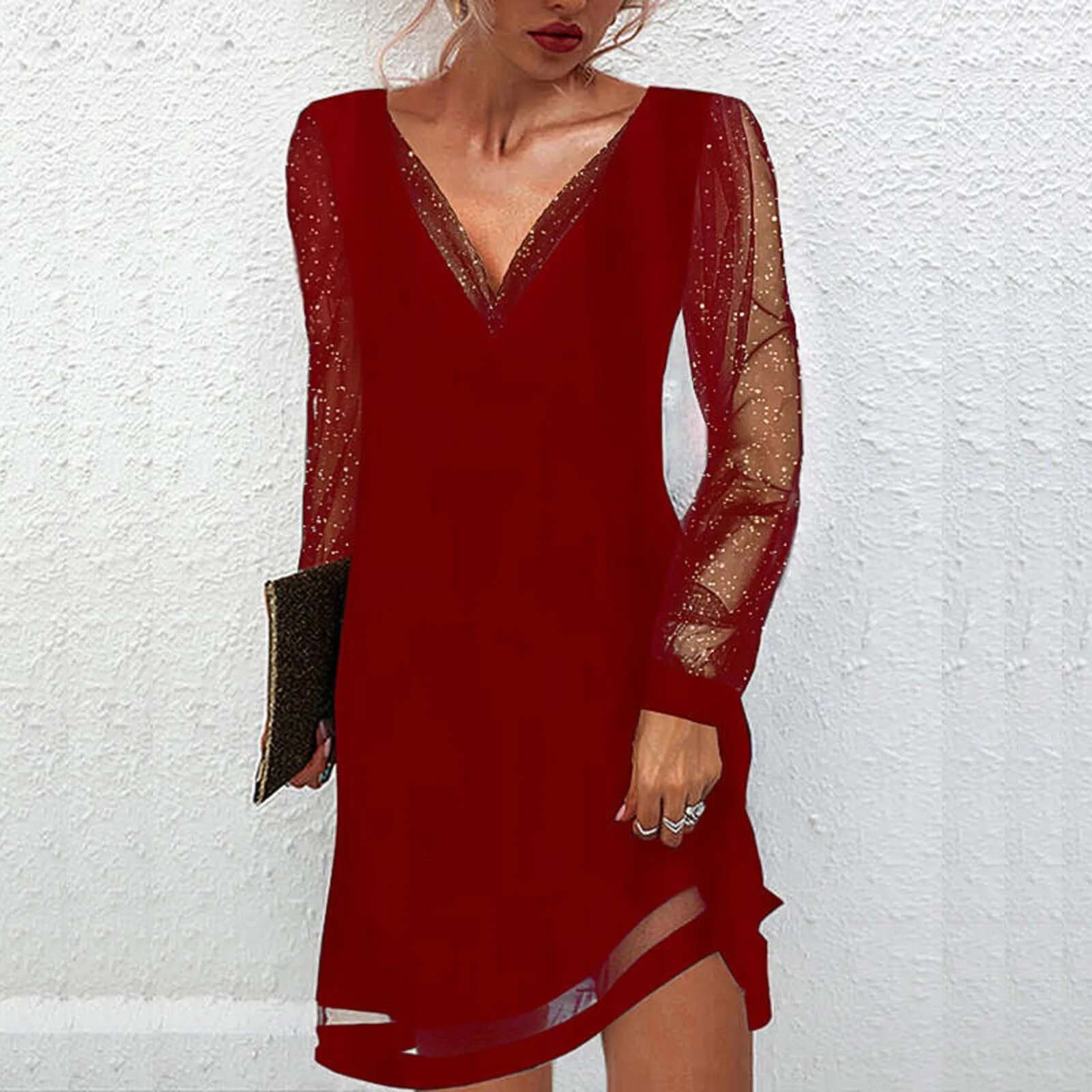 Dongdumaoyi Black Sequins Dress Fashion Women V Neck Gazue Long Sleeved Female Dresses Party Club Casual Short