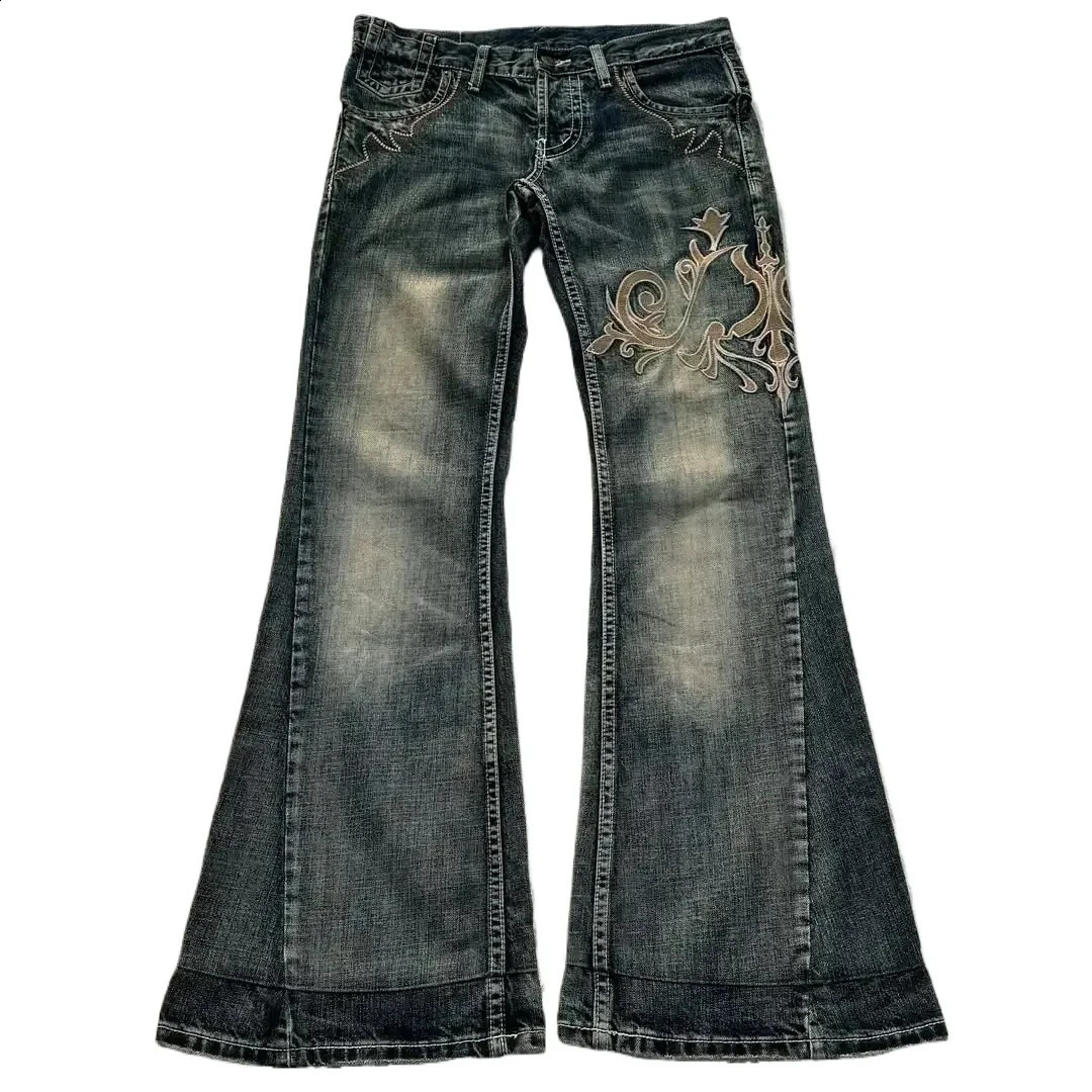 Y2K American Retro Embroidered Pattern Womens Trumpet Jeans Street Fashion Gothic Slim Mop Pants Womens Jeans 250422
