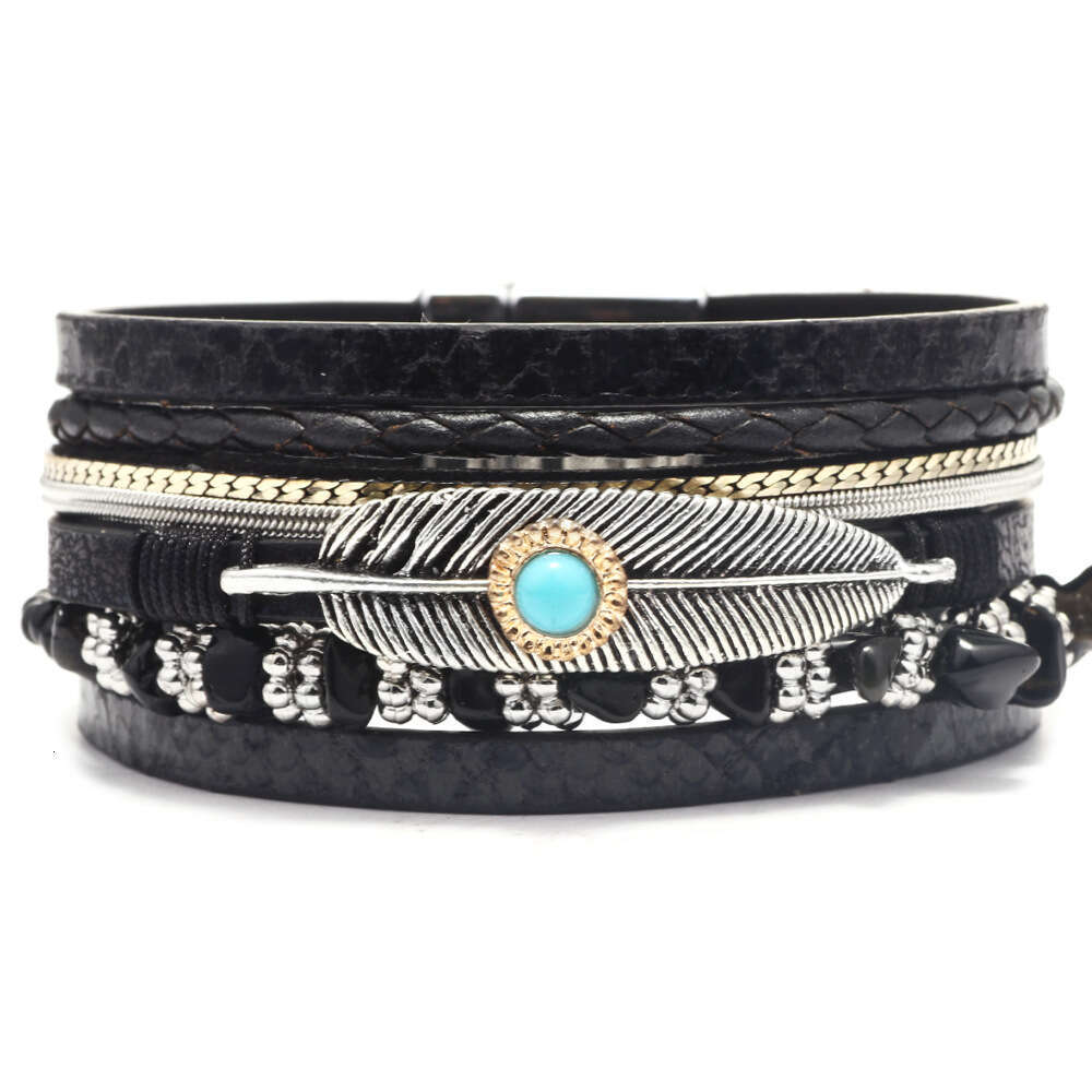 Women's Feather Trendy Personalized Turquoise Crushed Stone Multi layer Leather Bracelet