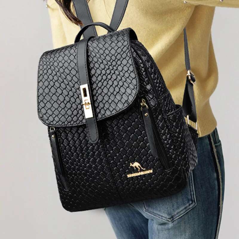 Unisex Stylish Backpack Lightweight PU Solid Color Weaving Design Multi Pocket With Adjustable Straps For Work Travel Bag