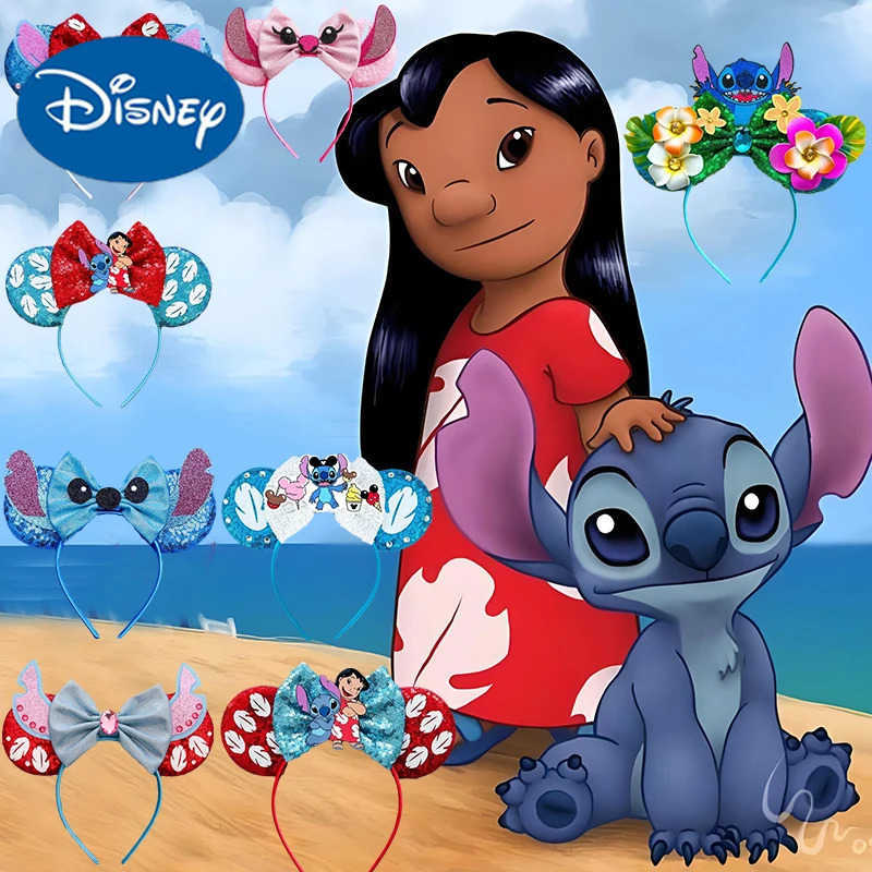 Disney Cute Lilo Stitch Headbands Women Leaves Ears Hairbands Kids Angel Sequeins Bow Elasticity Hair Accessories Women Cosplay X250425