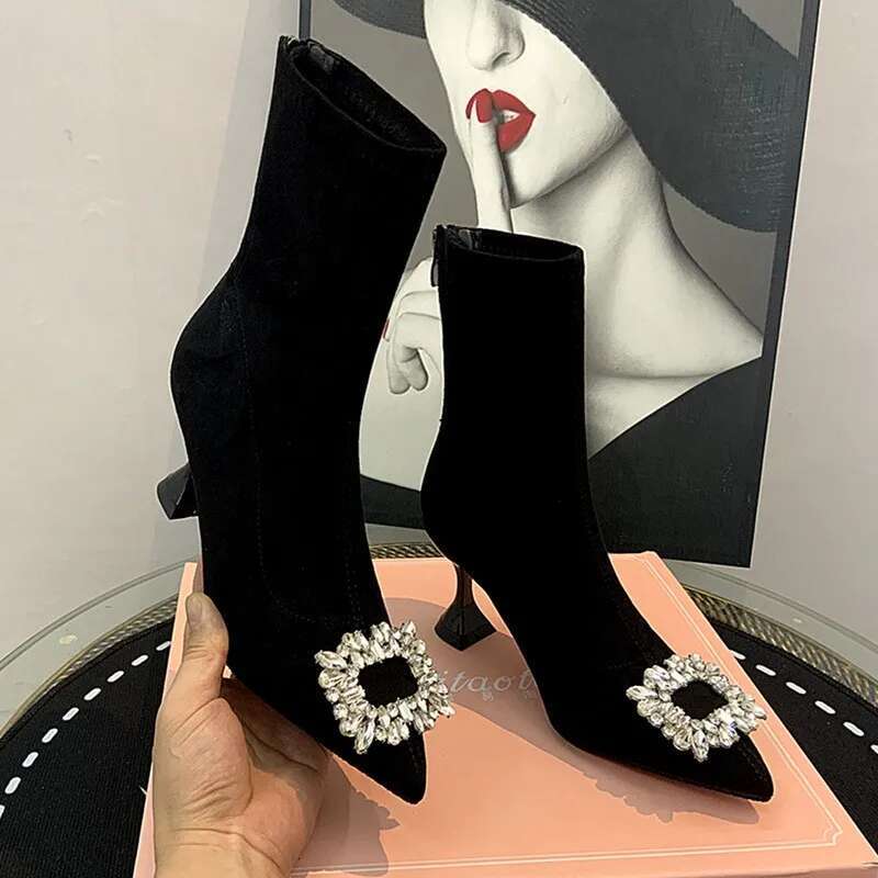 Ankle Women Shoes Woman Fashion High-Heeled Pointed Flock Spring Autumn Rhinestone Short Boots
