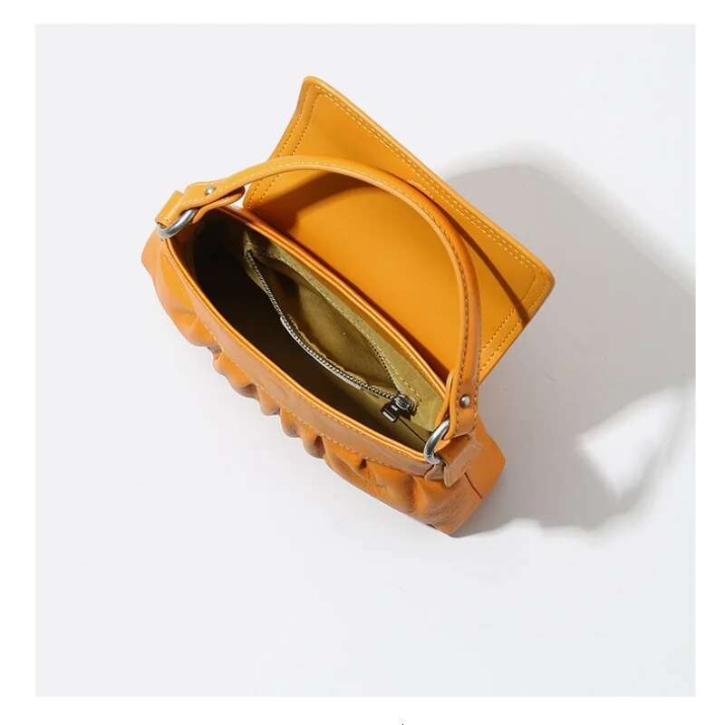 Designer bag New Arrival Mustard Yellow Top Handle Pleated Leather Small Handbag Women Fashion Shoulder Bag Luxury Elegant Clutch Purse