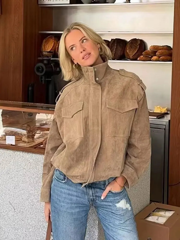 HH Retro Suede Textured Leather Jackets For Women Autumn Street Fashion Coats Solid Long Sleeves High Neck Causal Outerwear 251124