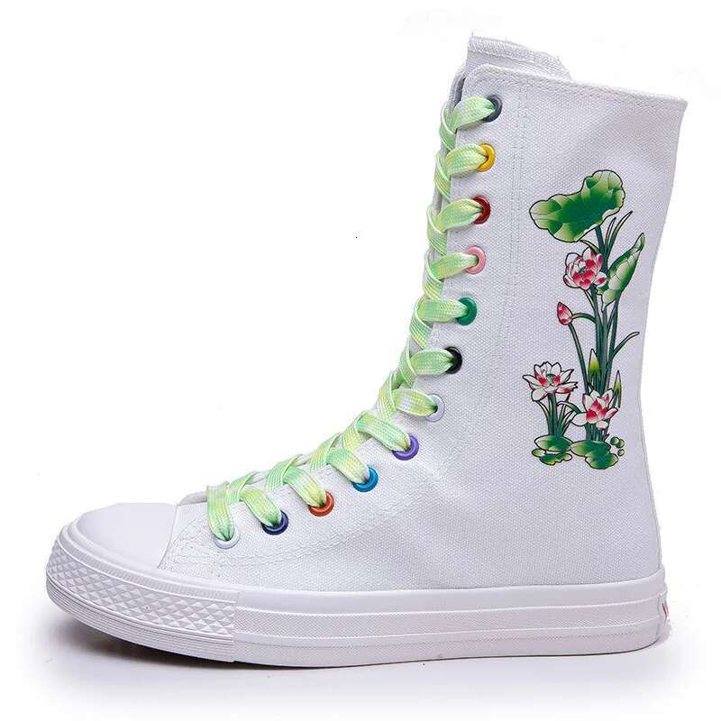 Spring new color lace-up side zipper medium-sized printed canvas flat inner heightening casual large size women's shoes