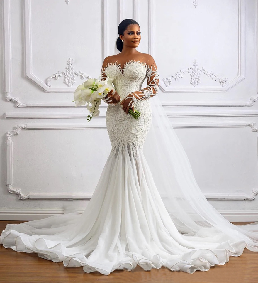 2025 Plus Size Wedding Dress Bridal Gowns For Bride Mermaid Sheer Neck Long Sleeves Appliqued Beaded Lace Tiered Tulle Beaded Lace Wedding Gowns For B