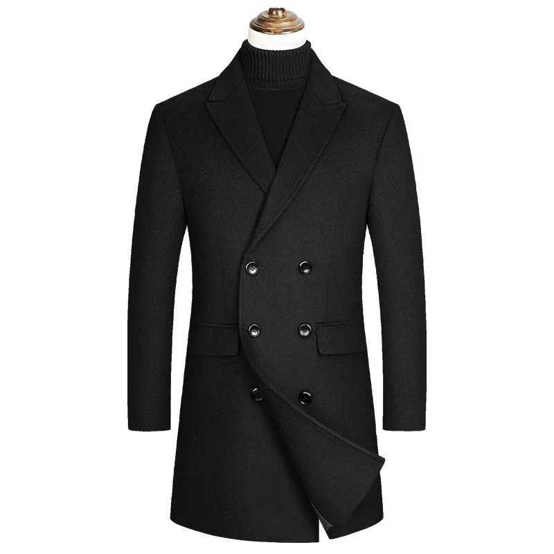 2024 Autumn and Winter Boutique Woolen Black Gray Classic Solid Color Thick Warm Mens Extra Long Wool Trench Coat Male JacketT251125
