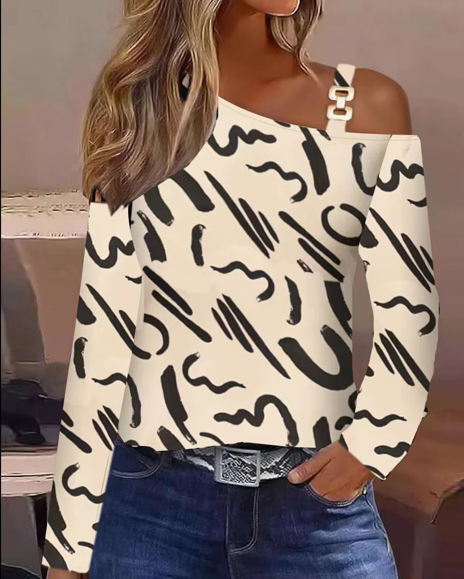 2023 Autumn Simple Metal Buckle Oblique Shoulder Collar Shirt Womens Wear