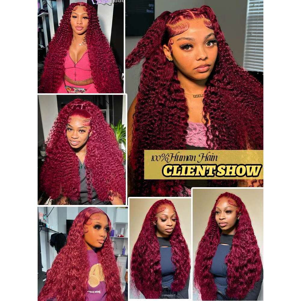 250 Density 99J Bury Deep Wave 13X4 Red Front Human Hair 30 40 Inch 13X6 HD Colored Lace Frontal Water Curly Wigs
