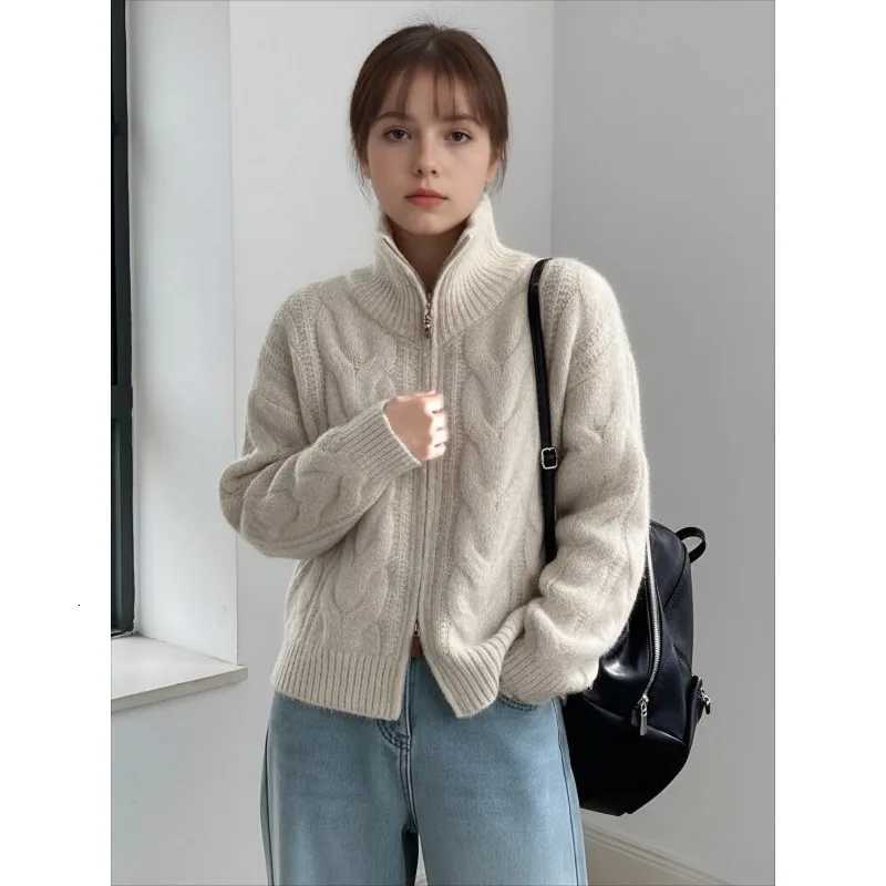 Korean Double Zipper Solid Color Fried Dough Twists Turtleneck Women Retro Sweater Autumn Winter New Casual Knitted Cardigan 10T251125