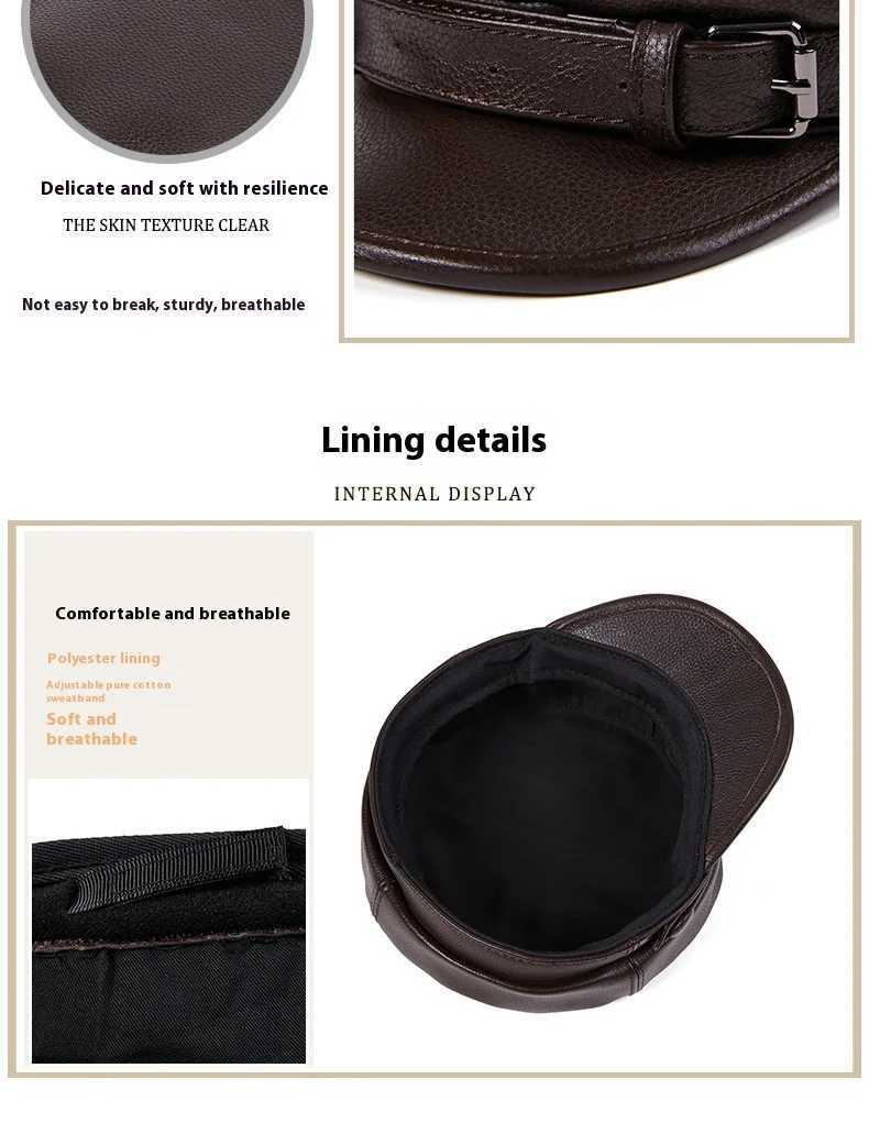 Mens Genuine Leather Hat Autumn Winter Cowhide Retro Duckbill Cap Trendy Middle-Aged Youth Flat Top Biker Hat Unisex Beret J251125