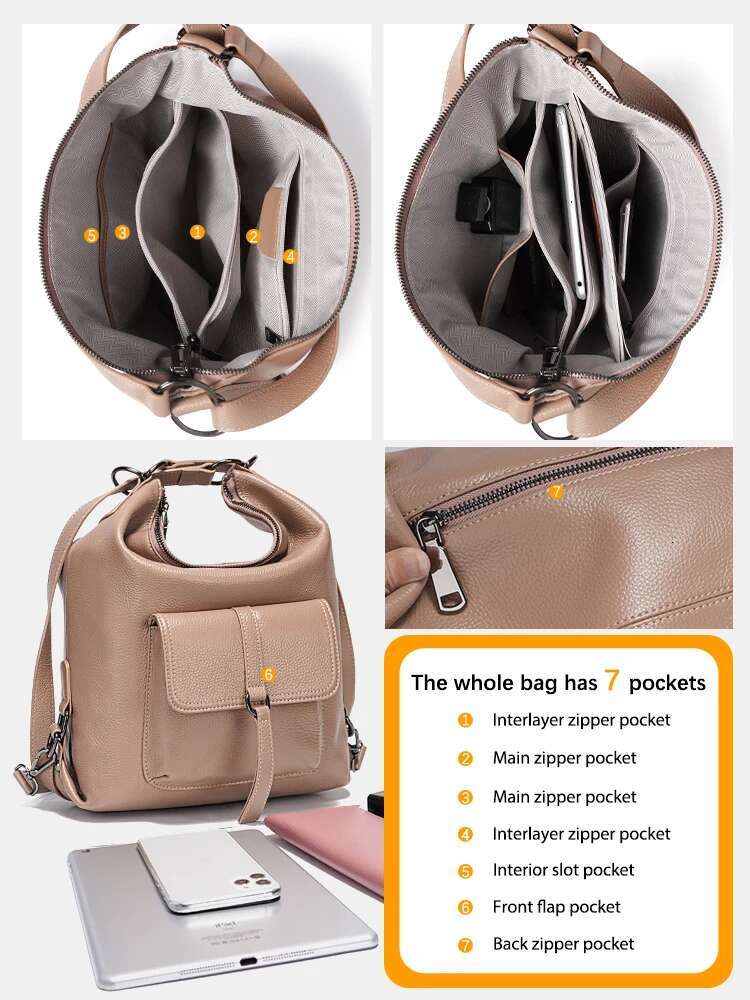 Zency Stylish Women Shoulder 100% Genuine Leather Large Capacity Handbag Multifunction Satchel Bag Backpack Trendy Bags