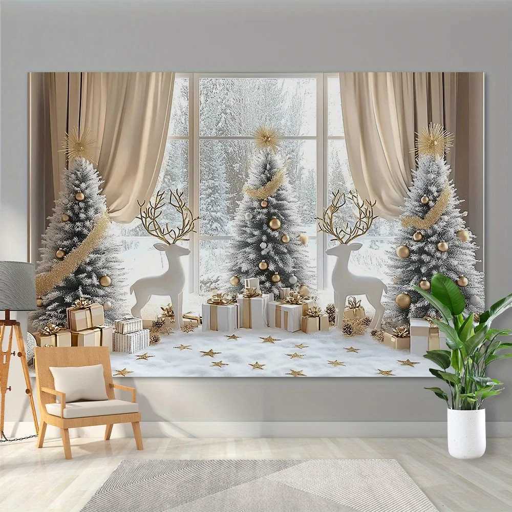 VIKAMA Christmas Snow Scene Tapestry Three Window Forest White Deer Living Room Background Wall Festival Party Room DecorationM251125