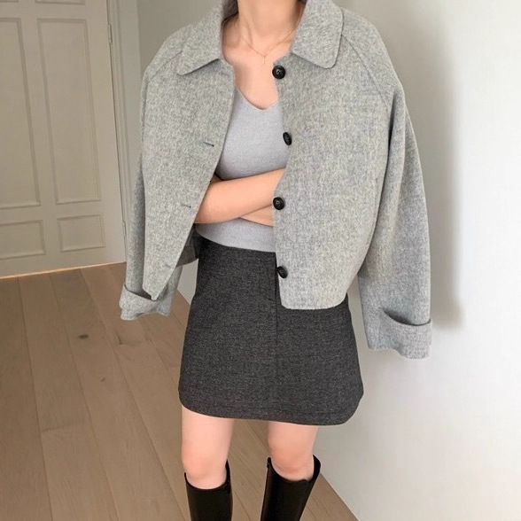 2025 Autumn Winter Versatile Minimalist Cool Gray Korean Style Simple Short Woolen Jacket for Petite Women201218