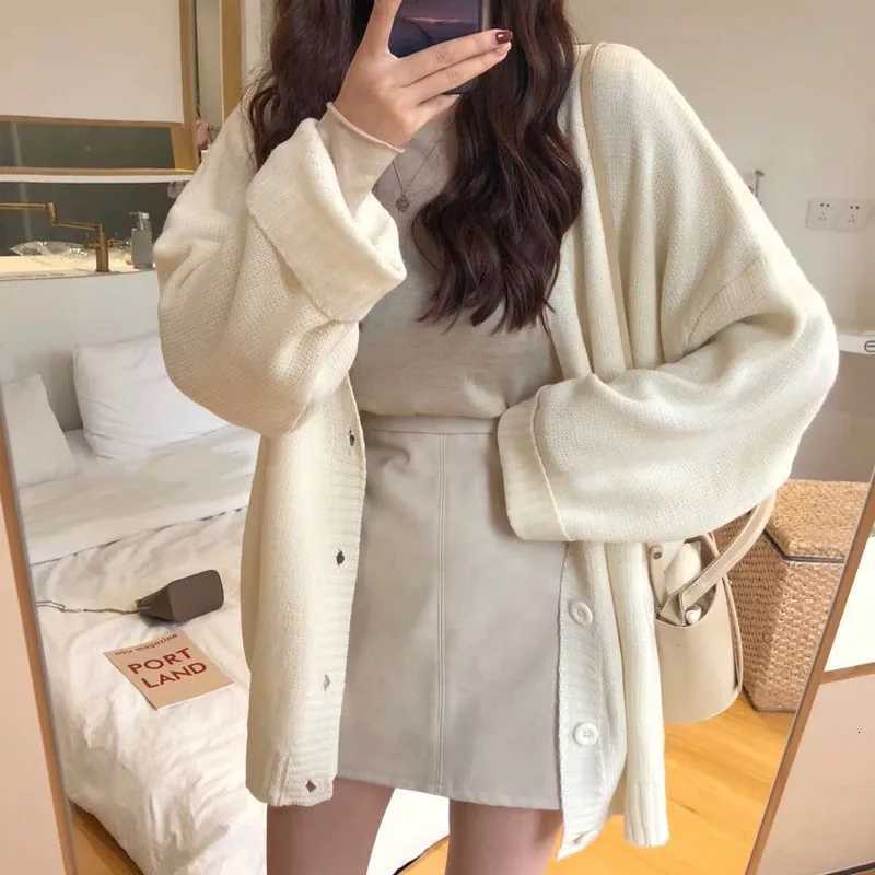 Korean Fashion Autumn Winter V-neck Cardigan Sweater Knitted Loose Casual Coats Office Long Sleeve Elegant Solid Color JacketsT251125