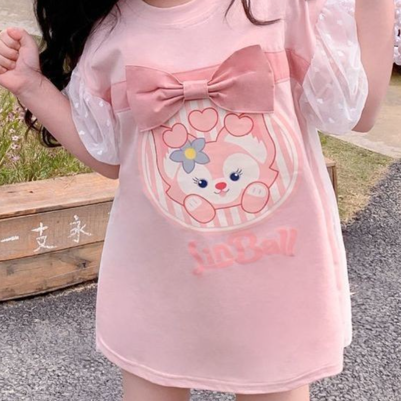 Disney children's designer clothing baby short-sleeved summer outfit for girls casual fashion bow-tie cartoon sweet mesh design T-shirt top short