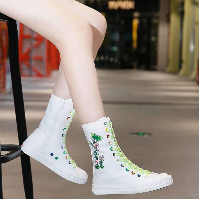 Spring new color lace-up side zipper medium-sized printed canvas flat inner heightening casual large size women's shoes