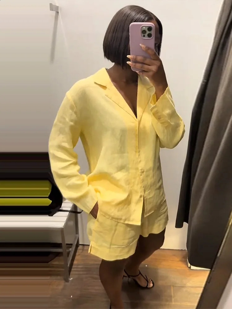 Casual cotton linen shirt set womens solid collar long sleeved single chest loose shorts summer office set 250422