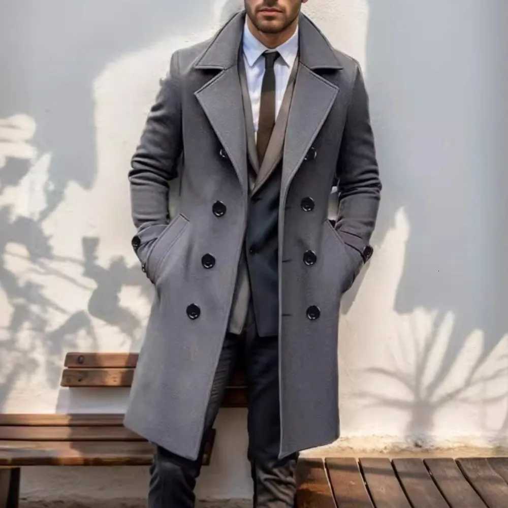 Men Wool Double Breasted Blends Turn Down Collar Jackets Long Sleeve Cardigan Coat High Street Pockets Loose Outerwear SolidT251125