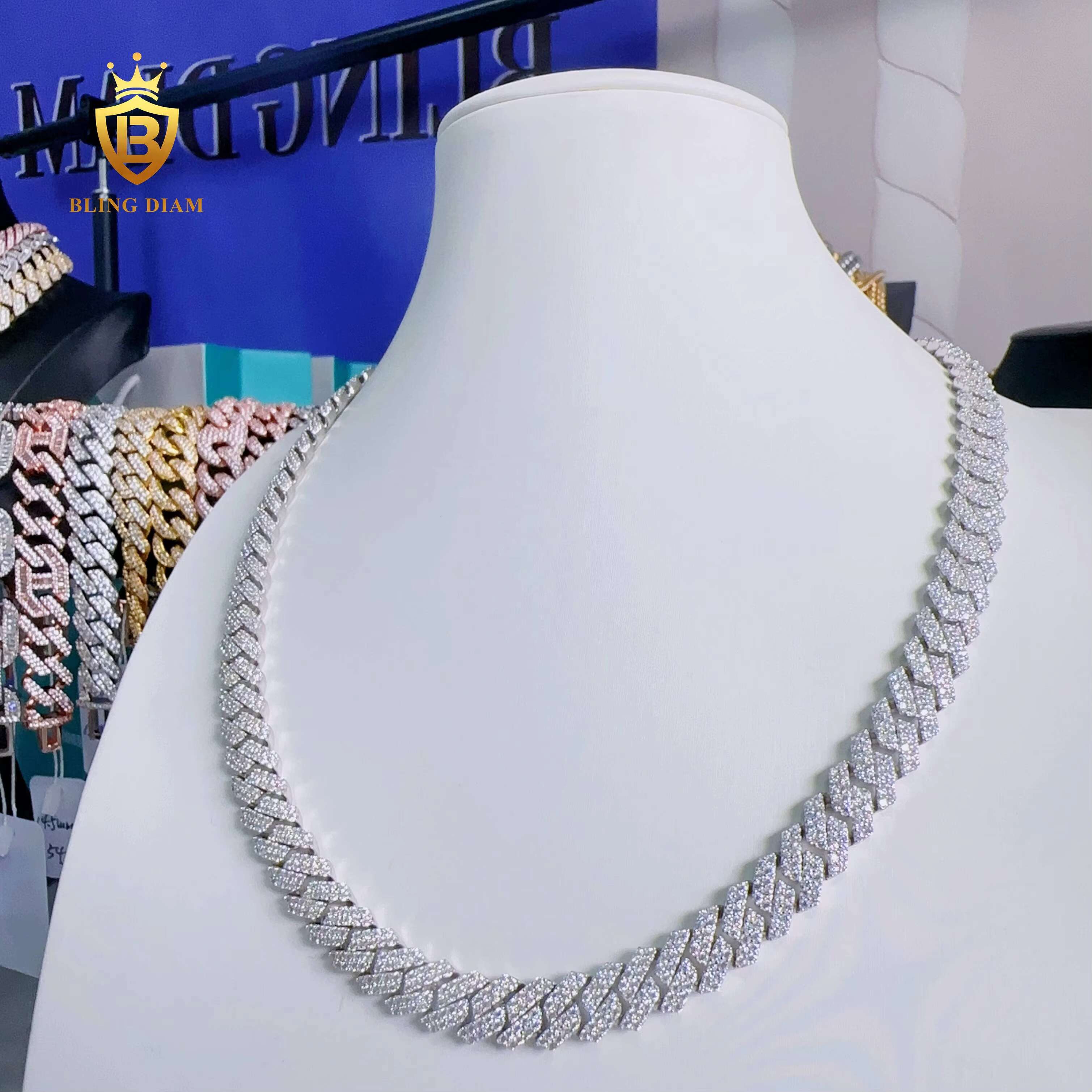 Blingdiam Jewelry Hip Hop 10mm Cuban Link Chain 2row VVS Moissanite Cuban Chains Necklace for Men