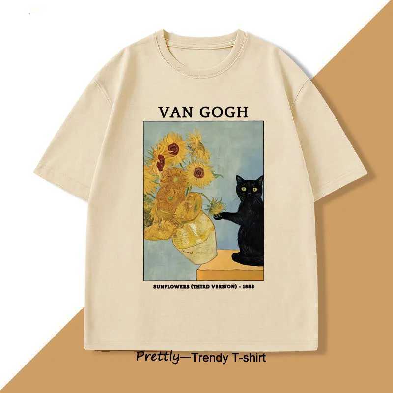 Van Gogh Sunflower Printed Mens T-shirt Womens Retro Harajuku Short Sleeve T-shirt Casual Round Neck Cotton T-shirt W250425