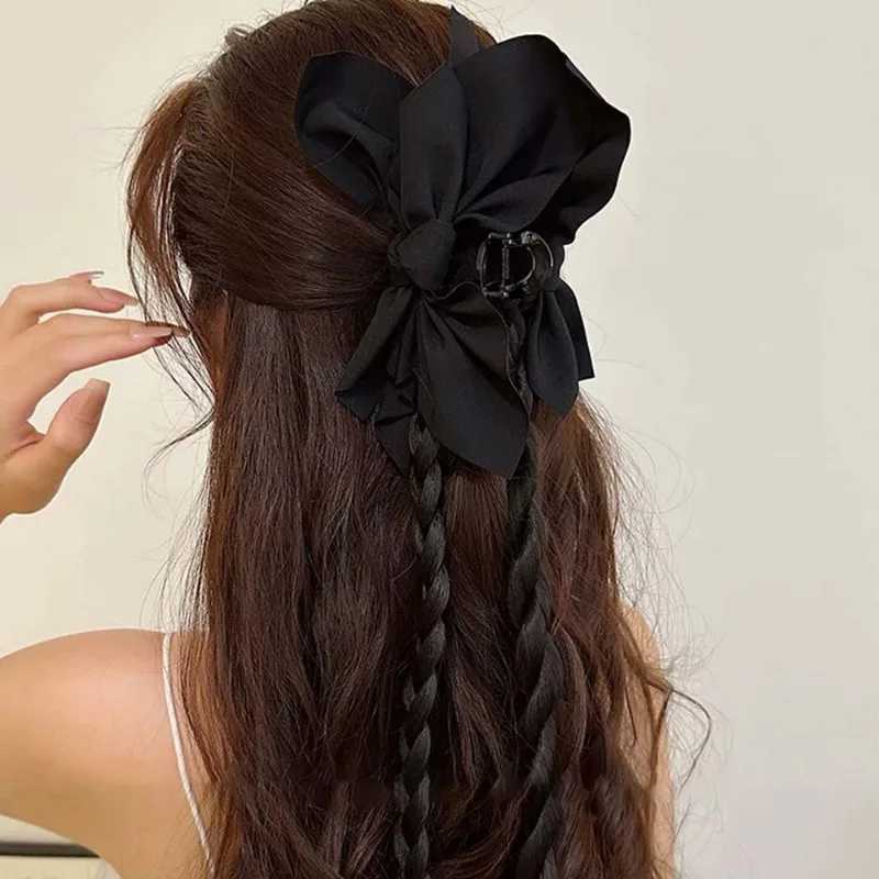 Double sided bow hair claw suitable for women large Bohemian breast printed shark hair lipstick girl antique satin horsetail clipT250425