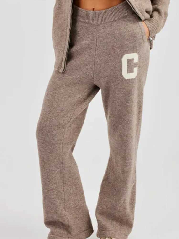 Womens Knit Hooded Jackets Pants 2 Piece Set Outwear Straight Pants Sve Zipper Coats Trousers Autumn Casual Woman Clothes W251125