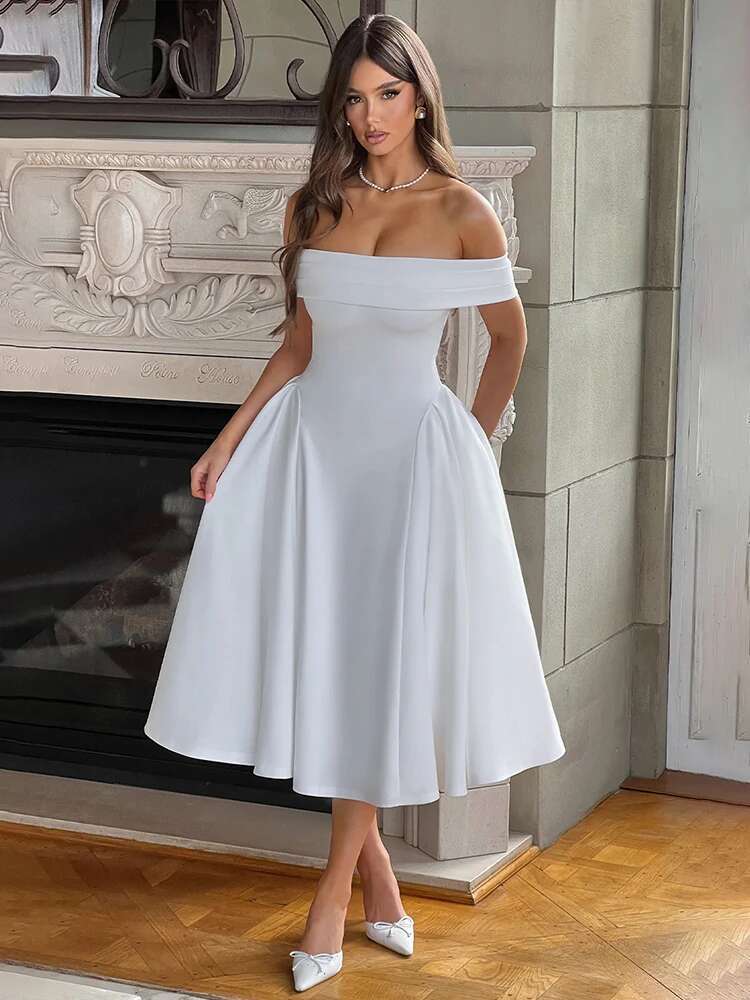 Dongdumaoyi Townlike Elegant Midi Long Waist Wrap A Line Dress Women Off Shoulder Summer Backless Nightclub Sexy Party Dresses