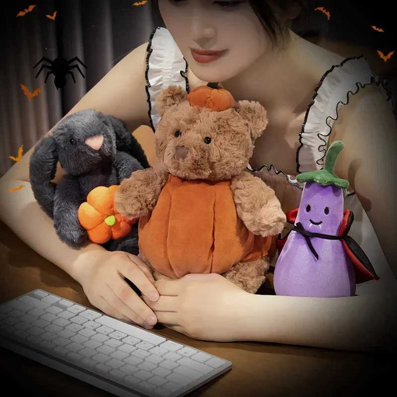 1 cute black rabbit holding plush toy soft pumpkin bear headphones and chlorinated egg factory fried doll for Halloween T or therapy Y250425 Y260128