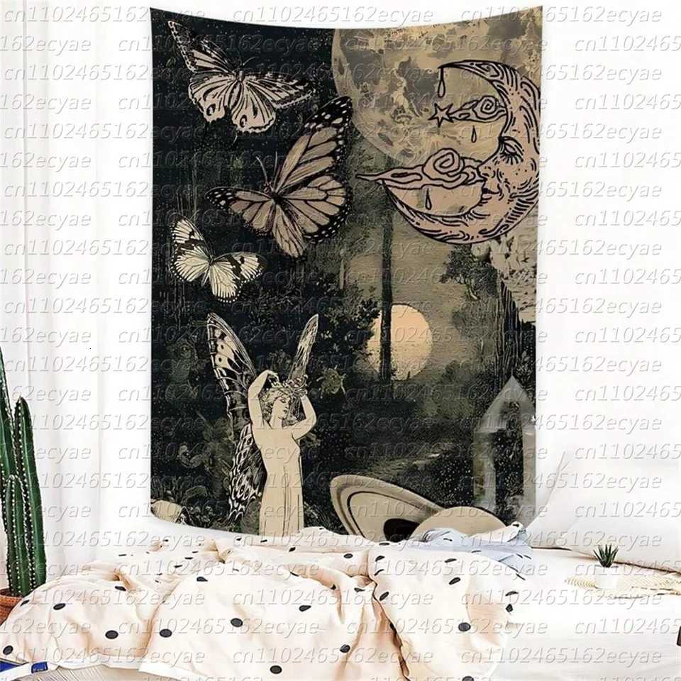 Gothic 1pcs Dark Holy Lady Butterfly and Moon Printed Polyester Tapestry for Daily Living Room Bedroom Wall DecorM251125
