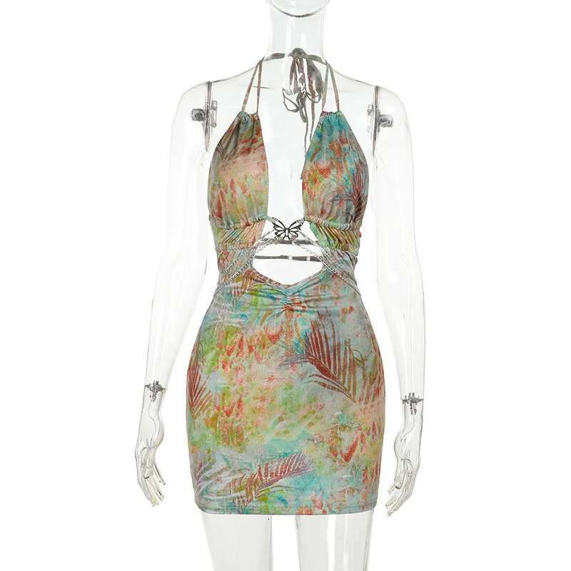 Dongdumaoyi Townlike Print Slim Bodycon Dress Women Halter Mini Spring Summer Chain Deep V Neck Backless Sexy Party Dresses