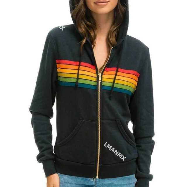 Mens hooded jacket new casual rainbow hooded sweatshirt fashionable zipper striped cardigan womens hooded sweatshirt M250425