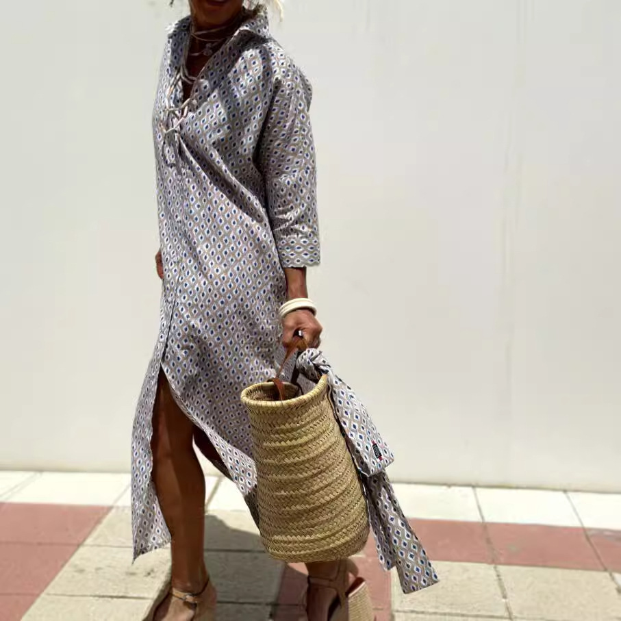 2024 Autumn Half Sleeve Striped Double Side Split Shirt Dress for Women