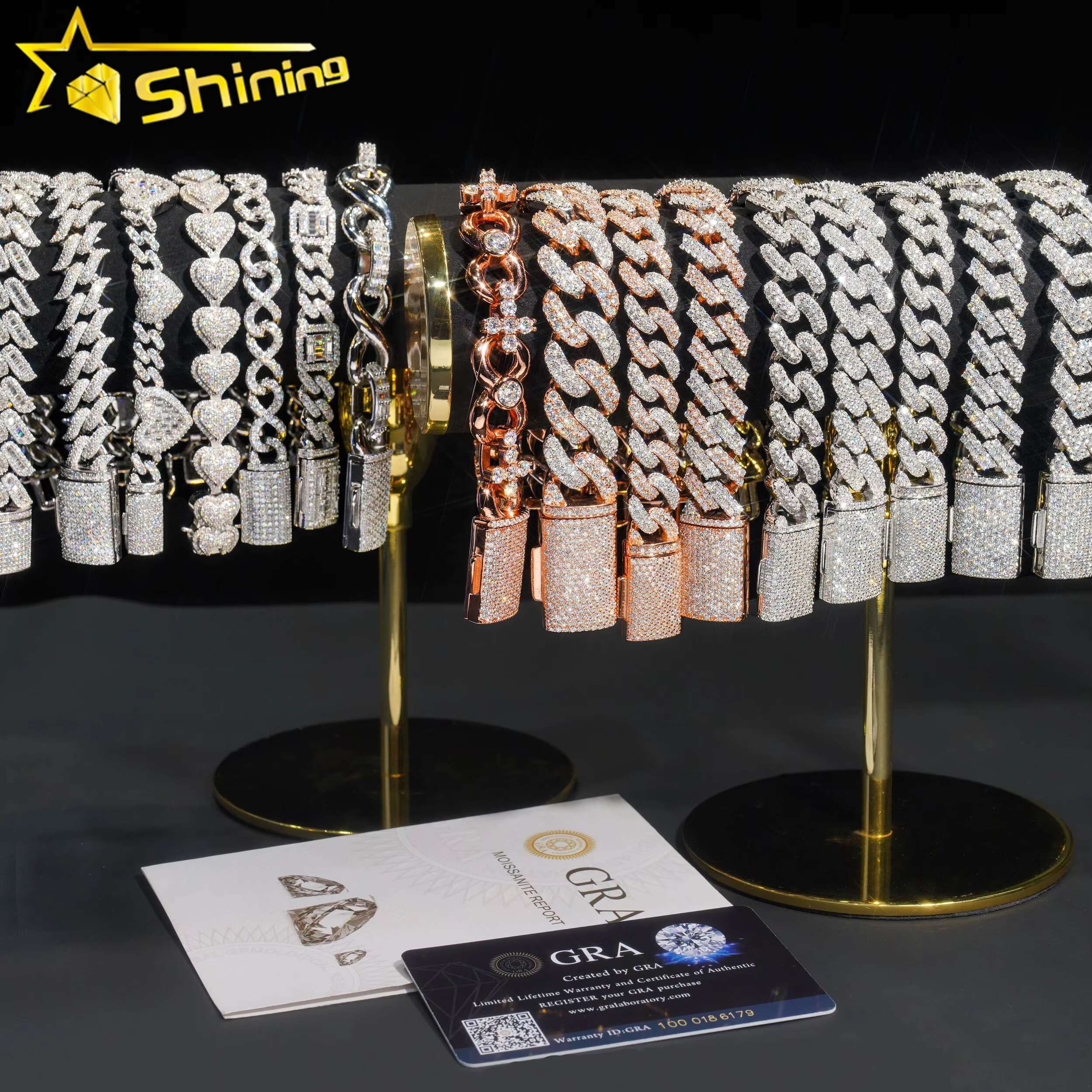 Fast Shipping Wholesale Price Sterling Silver 925 Iced Out Fine Hip Hop Jewelry Vvs Moissanite Diamond Cuban Link Bracelet Chain