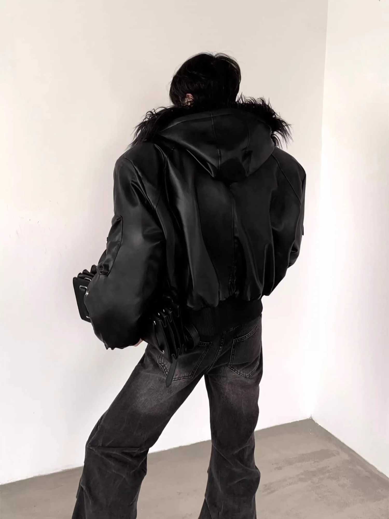 Mauroicardi Spring Autumn Cool Short Oversized Black Warm Pu Leather Jacket Men with Faux Fur Trim Hood Luxury Designer Clothes X251125 - view 5
